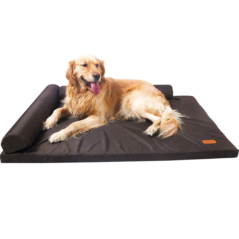 Medium dog resting on a black removable and washable dog bed