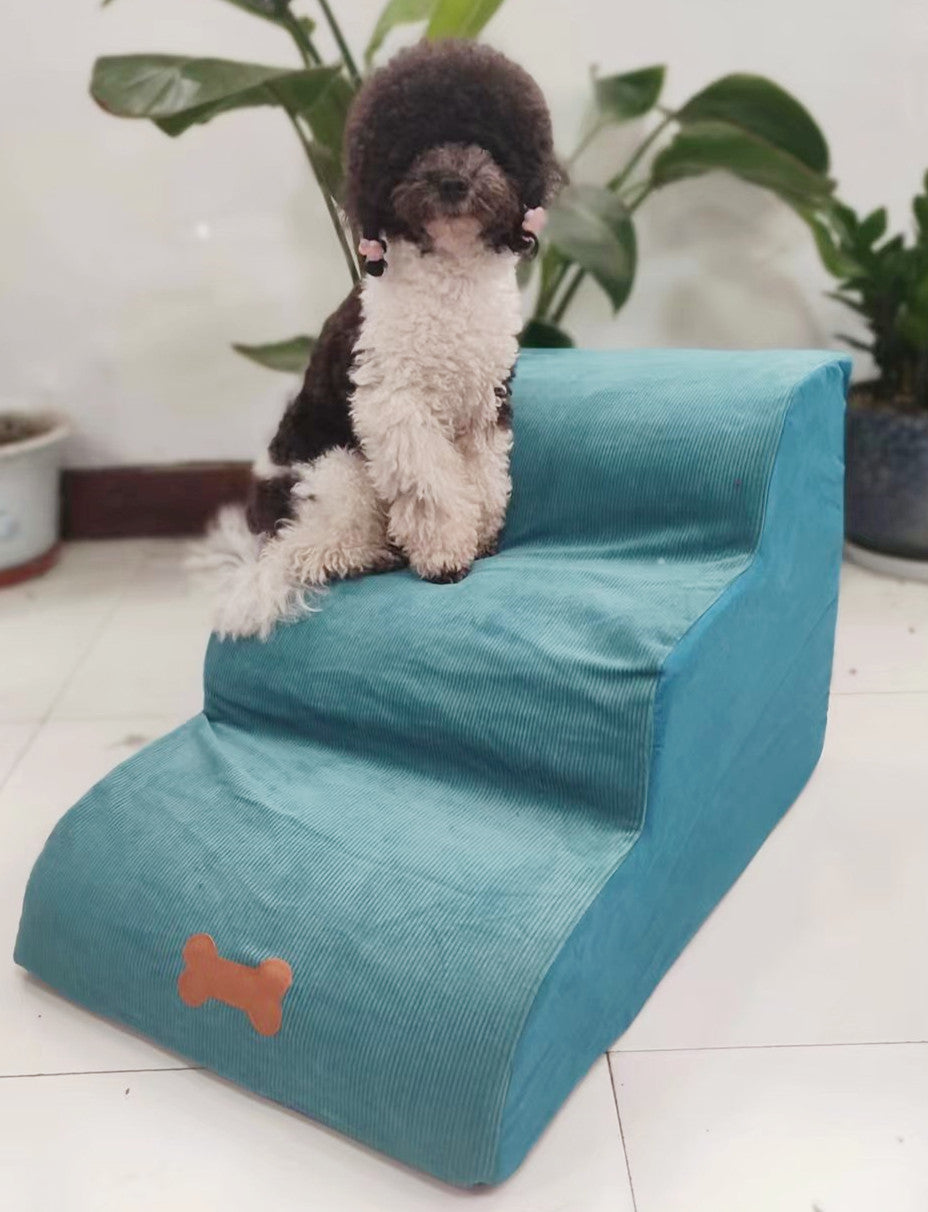 Small dog sitting on blue 3-step pet stairs, indoor dog ramp for small dogs and cats to access bed and couch safely