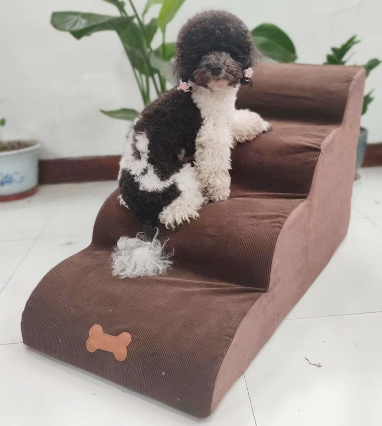 Small dog using brown 3-step pet stairs for bed and couch access, indoor dog steps for small dogs and cats