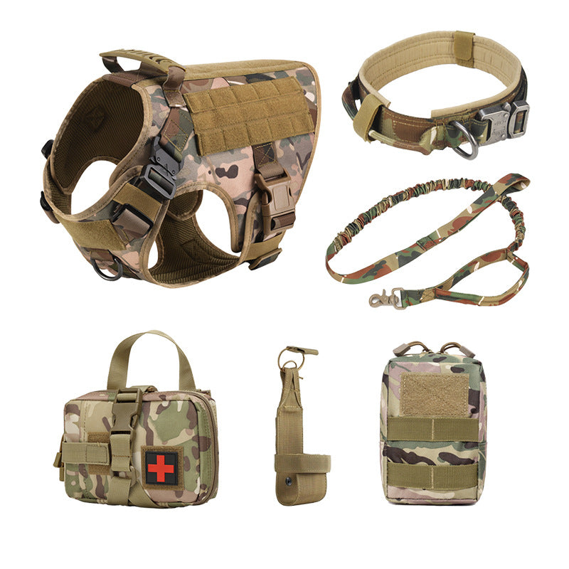 Camouflage tactical dog harness set with leash, collar, and training pouches for dog walking and obedience training