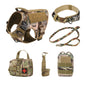 Camouflage tactical dog harness set with leash, collar, and training pouches for dog walking and obedience training