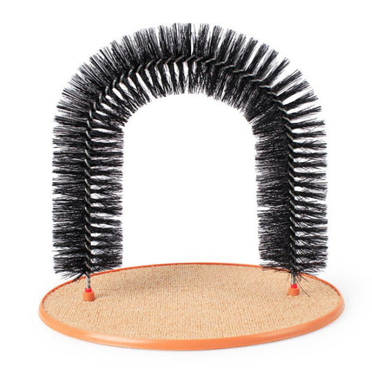 Cat grooming arch scratcher toy with black bristle arch and orange base designed for indoor cats to scratch, rub, and self-groom