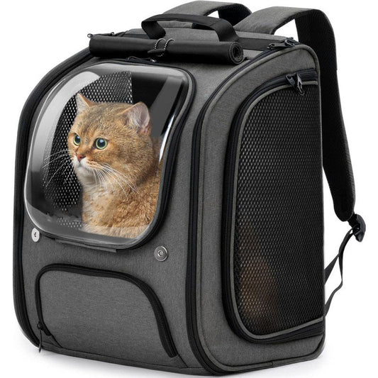 Gray cat travel backpack carrier with transparent viewing window for cats and small dogs in Canada and USA.