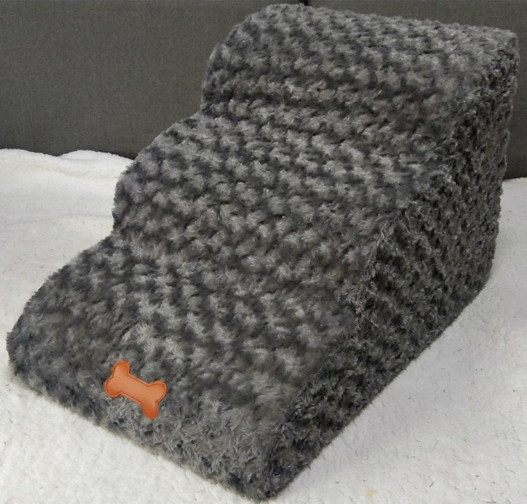Grey textured 3-step dog stairs for small dogs and cats, indoor pet steps for bed and couch access with soft fabric surface