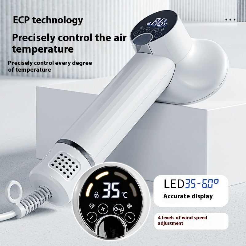 White pet grooming hair dryer with digital LED display showing temperature control, designed for safe dog and cat drying with ECP technology.