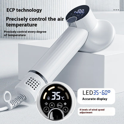White pet grooming hair dryer with digital LED display showing temperature control, designed for safe dog and cat drying with ECP technology.