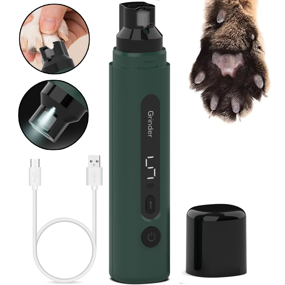 Green electric pet nail grinder with attachments for dogs and cats, designed for safe nail trimming and grooming.