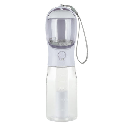 Portable 3-in-1 dog water bottle and cat travel feeder with built-in food and waste bag dispenser, leak-proof design for walking and outdoor use