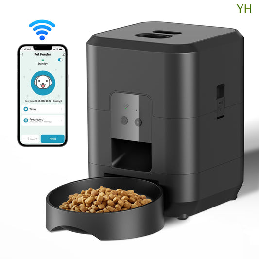 Smart automatic pet feeder with food bowl and mobile app control for cats and dogs on white background