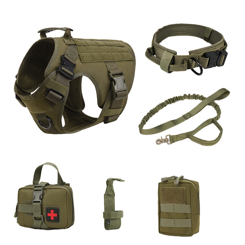Tactical dog training gear set including harness, leash, collar, and training pouches for obedience and walking control
