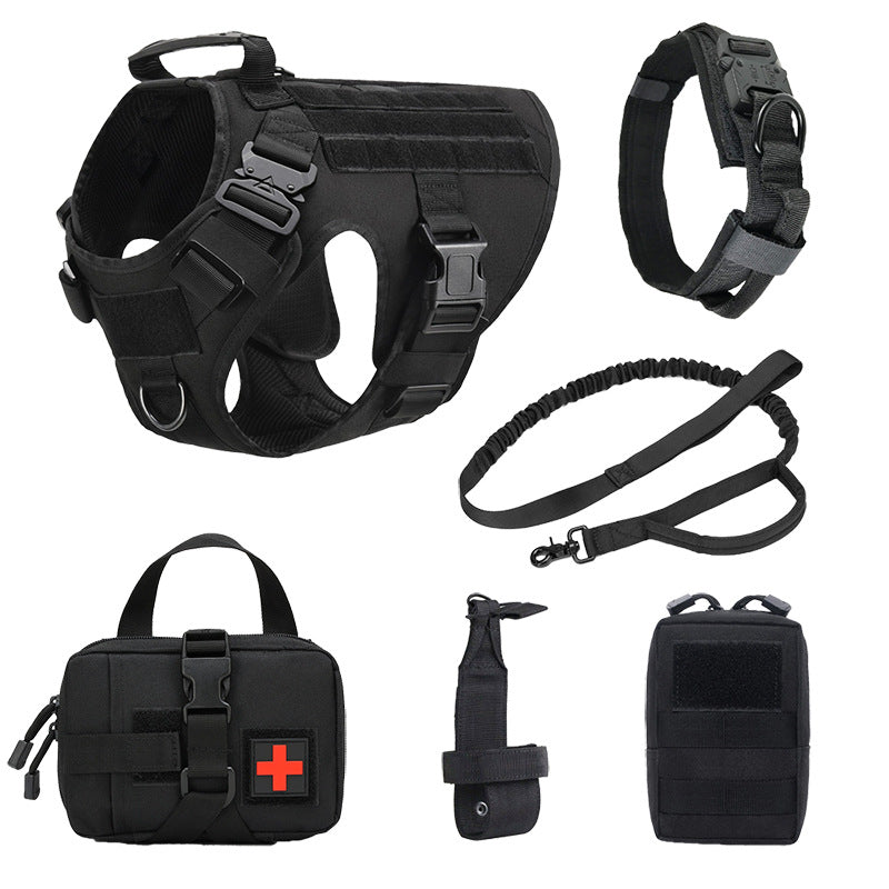 Black tactical dog training harness set with leash, collar, and accessory pouches for dogs in Canada and USA.