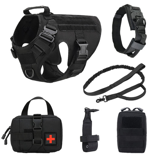 Black tactical dog training harness set with leash, collar, and accessory pouches for dogs in Canada and USA.
