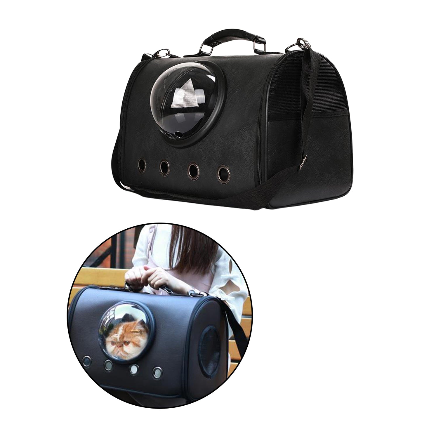 Black transparent pet carrier backpack with bubble window for cats and small dogs, shown with cat inside carrier