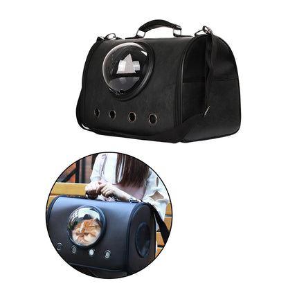 Black transparent pet carrier backpack with bubble window for cats and small dogs, shown with cat inside carrier