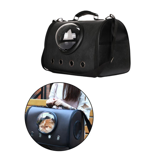 Black transparent pet carrier backpack with bubble window for cats and small dogs, shown with cat inside carrier