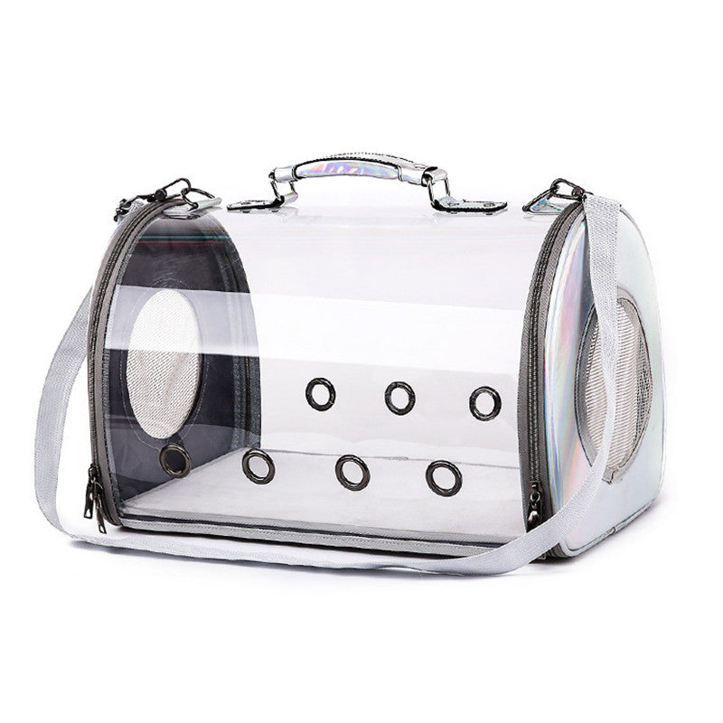 Clear pet carrier with black accents on a white background