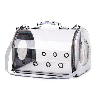 Clear pet carrier with black accents on a white background