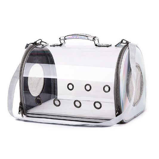 Clear pet carrier with black accents on a white background