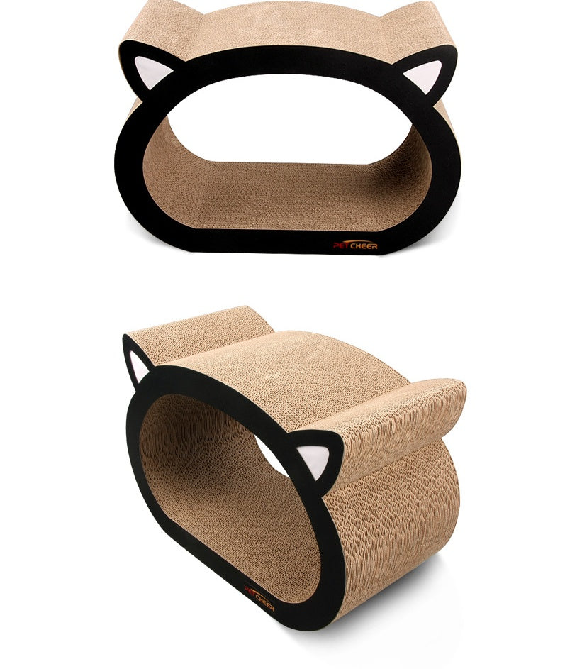 Two cat-shaped scratching posts with black accents on a white background.
